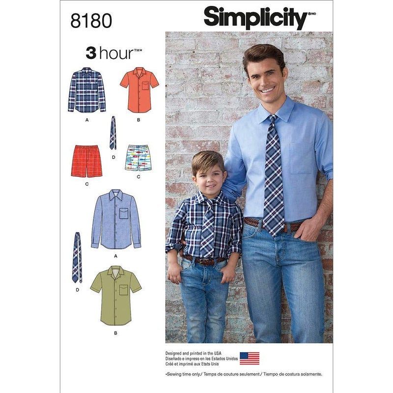 Simplicity 8180 قميص بوكسر للرجال والصبيان ونمط خياطة ربطة عنق لمدة 3 ساعات بمقاسات A (S-L / S-XL)